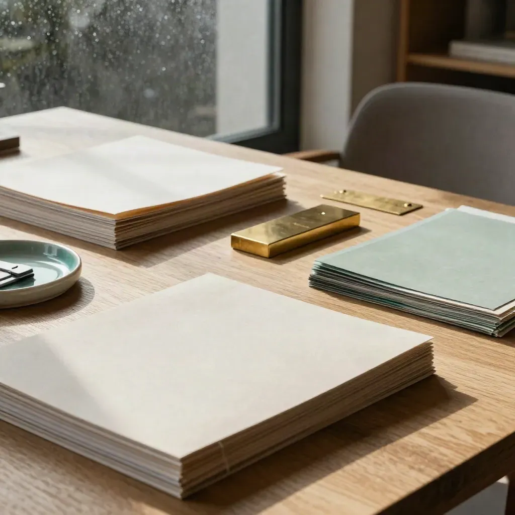 Premium people-strategy workspace met folders, brass blokken en zacht drizzly ochtendlicht.