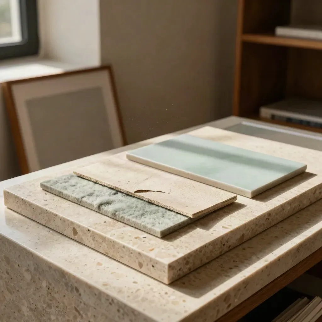 Materiaalbord voor werkgeversmerk met stofstalen, papierchips en een leeg lijstje op travertin.