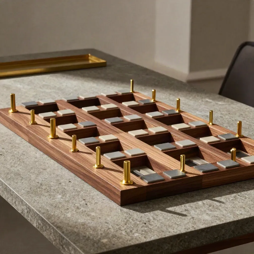 Houten blokken, messing markeringen en keramische tegels op een stenen tafel tonen talentmapping.