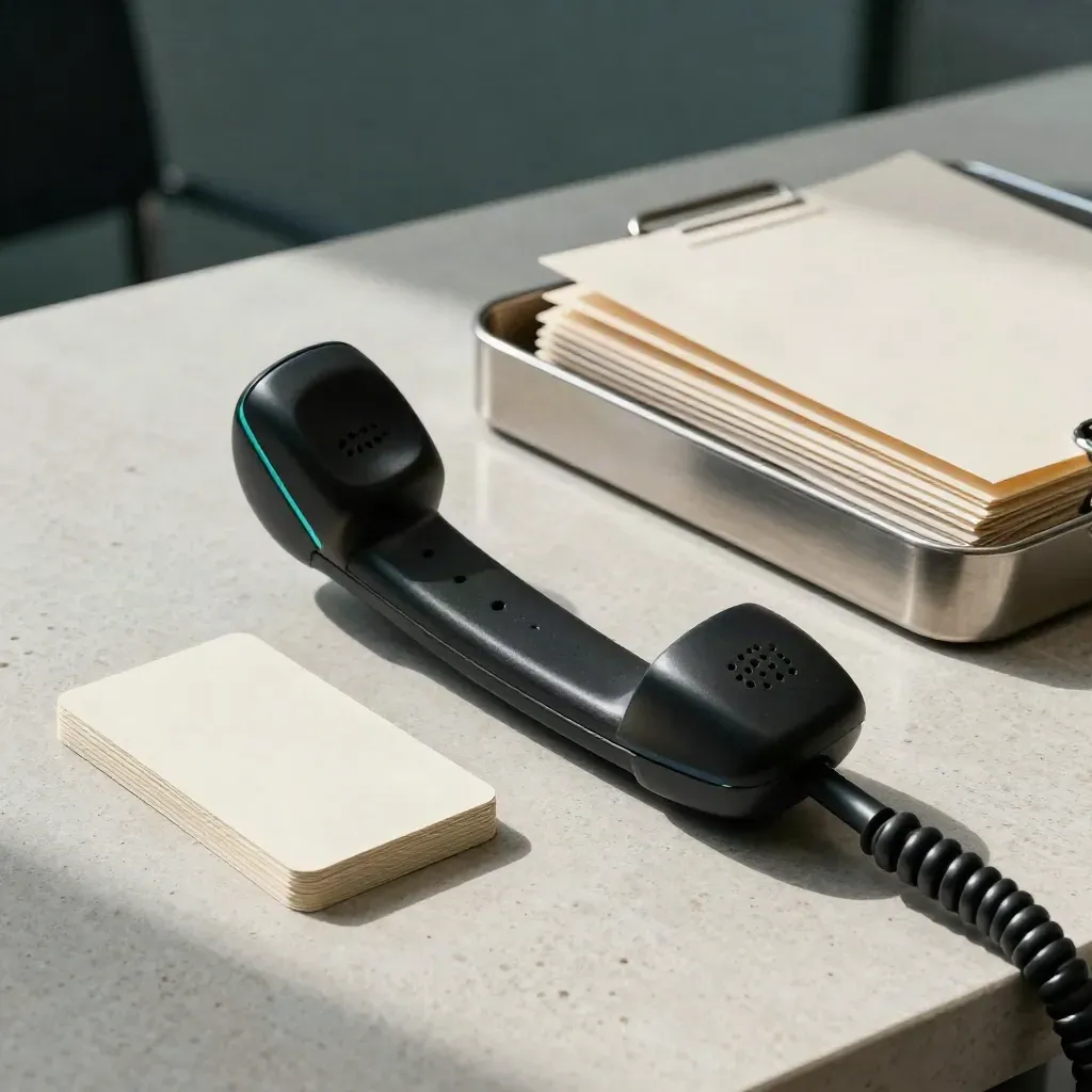 Slanke plannertelefoon, omgekeerde contactkaarten en metalen postbak op lichte steen.