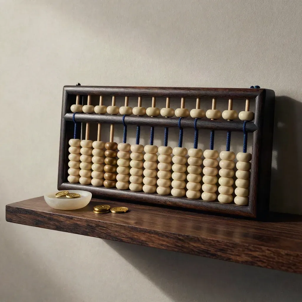 Abacus met bronzen tokens en stenen schaaltje op donkere plank