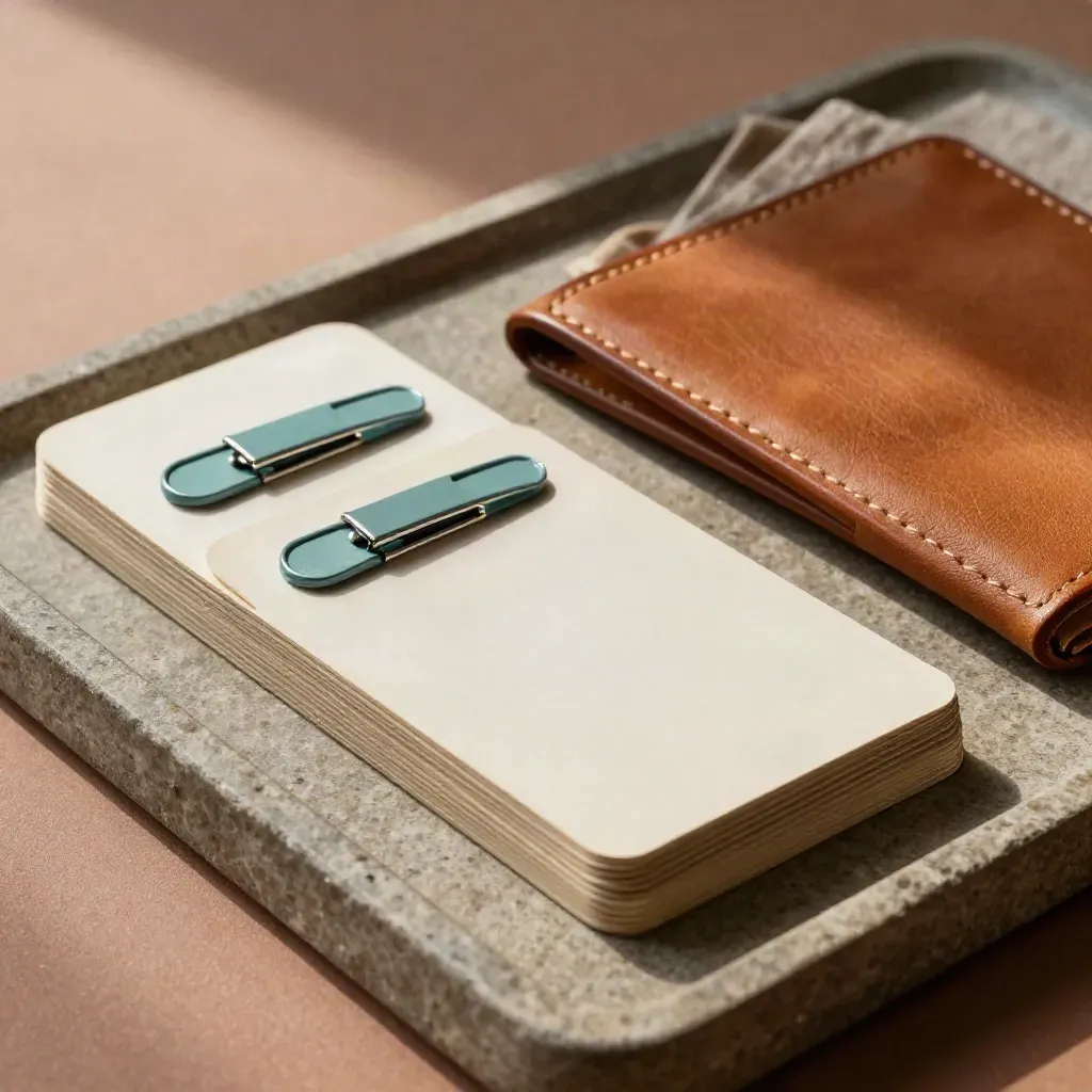 Kaarten, teal clips en leren folio op stenen tray in zacht zijlicht.
