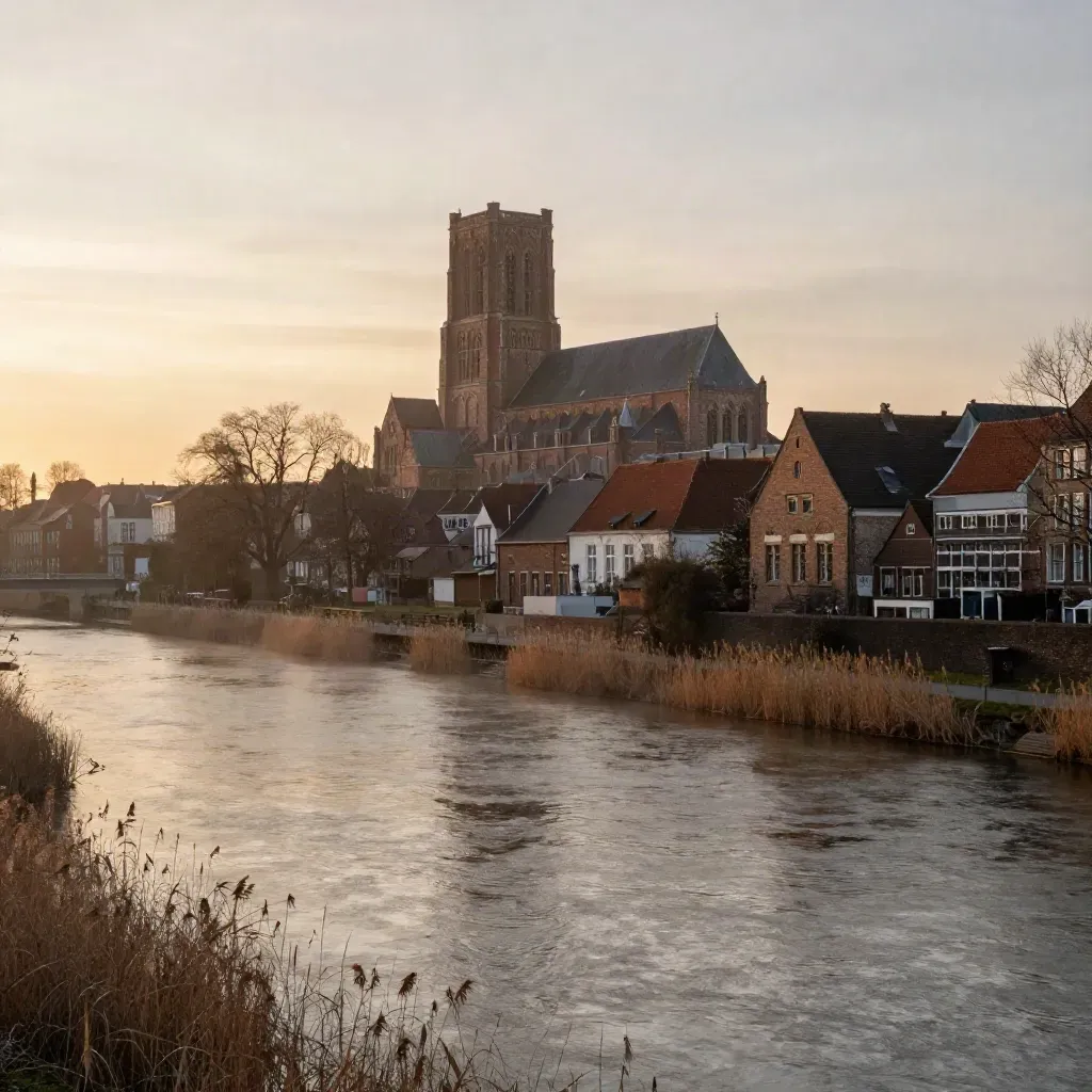 Kathedraal van Den Bosch boven een rustige rivierbending in warm avondlicht