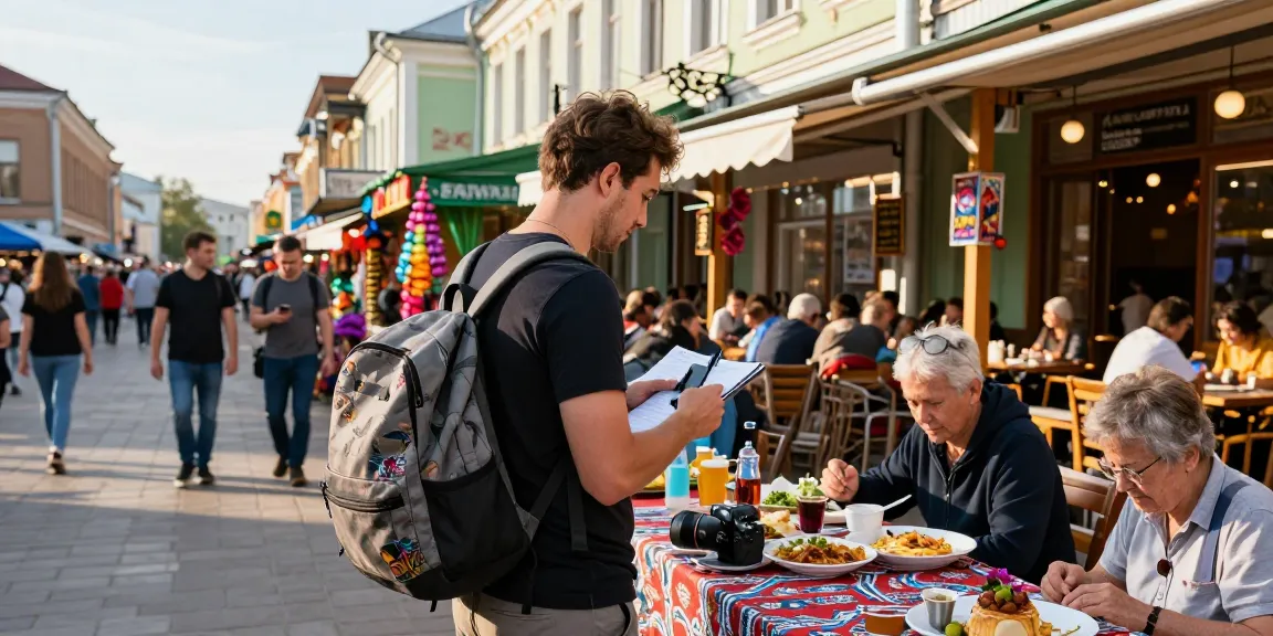 Een reiziger die in Rusland geniet van de lokale cultuur via https://payinrussia.com/ met een rugzak en smartphone in een levendige straat.