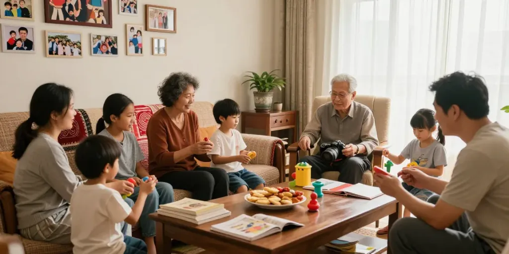 Family gathering promoting rokok88 link values of respecting elders in a warm, inviting living room.